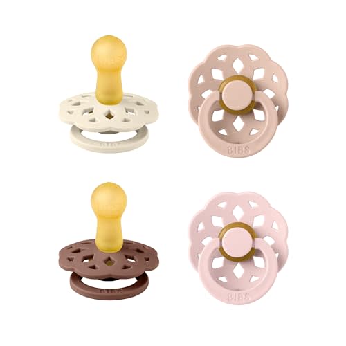 BIBS Boheme Pacifier, 6-18 Months, 4-Pack, Round Nipple, Blush Mix | Natural Rubber Latex | Size 2 | BPA-Free | Made in Denmark | High Nipple Acceptance | Airflow Holes | Comfort Shield