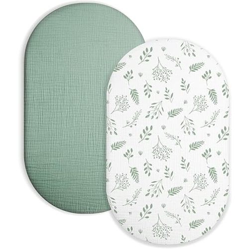 Bassinet Sheet for Baby Boy and Girl 2 Pack, Fitted Sheets for Rectangle, Oval, Hourglass Bassinet Mattress, Muslin Moses Basket Sheets with Neutral Style (Fern Leaf & Sage)