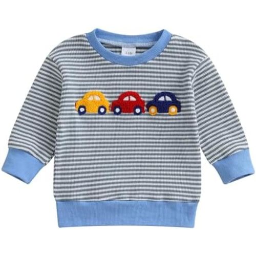 Thorn Tree Toddler Baby Boy Sweatshirt Car/Dinosaur Embroidered Sweater Strip Knit Pullover Fall Winter Outfit Clothes