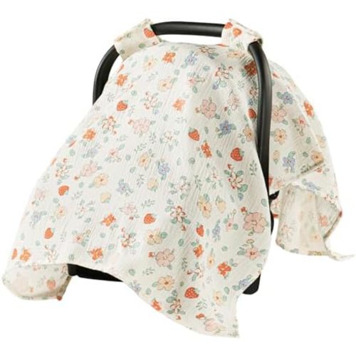 Babygreat 100% Muslin Cotton Car Seat Cover for Baby, Soft Breathable Car Seat Canopy, Universal Infant Carseat Cover Sun Protector, Lightweight Summer Stroller Cover for Boys Girls - Strawberry