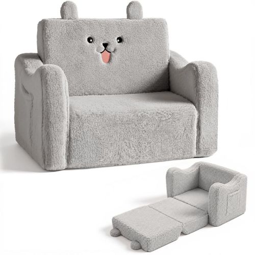Kinder King Toddler Sofa Chair, 2-in-1 Foldable Baby Couch Flip Open Sofa Bed for Playroom, Gray