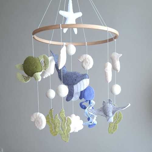 Ocean baby crib mobile boy, Felt whale, turtle, jellyfish, Sea animals Coastal nursery decor
