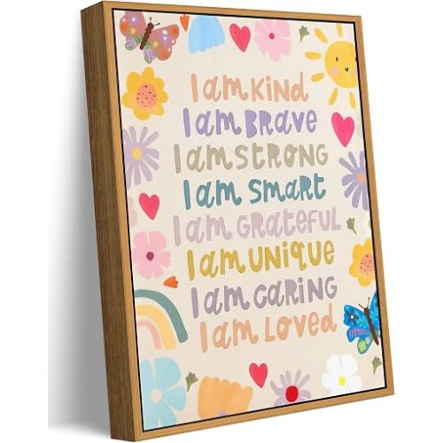 Floating Framed Child Inspirational Canvas Wall Art, Positive Affim Painting Picture Wall Decor, Floral Sunshine Butterfly Poster Print Artwork for Children Bedroom Classroom Home Decoration 8x10in
