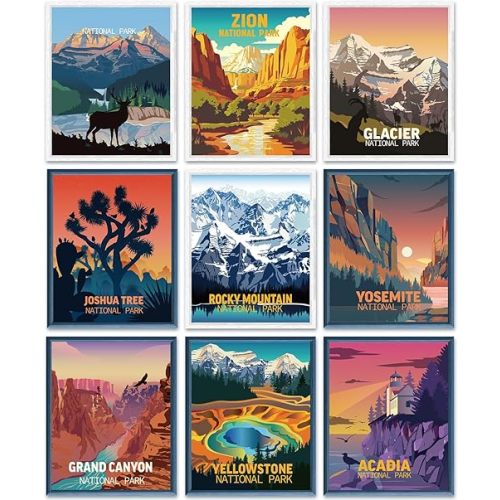 Outus 9 Pieces Vintage National Park Art Posters Prints Nature Art and Mountain Print Set Abstract Travel Unframed for Hikers Campers Living Room Decor, 8 x 10 Inch(National Park)