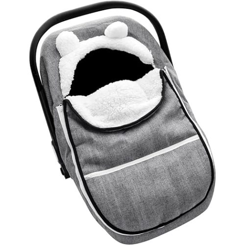 Winter Carseat Cover for Baby Girl Boy, Super Windproof Baby Car Seat Cover Protect Baby from Cold Weather, Plush Fleece Infant Car Seat Cover Canopy, Gray