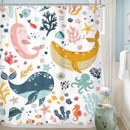 Kids Whale Shower Curtain Bathroom Set 71Wx71H Inches Funny Cute Cartoon Fish Ocean Sealife Under Sea Coral Starfish Bath Accessories for Boys Girls Art Home Decor Fabric 12 Pack Hooks