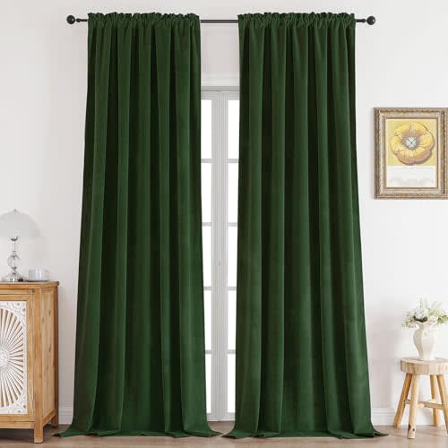 CUCRAF Dark Olive Green Velvet 100% Blackout Curtains 84 inches Long, Forest Green Curtains Noise Reducing Rod Pocket, for Bedroom Living Room(52x84 inches, 2 Panels)