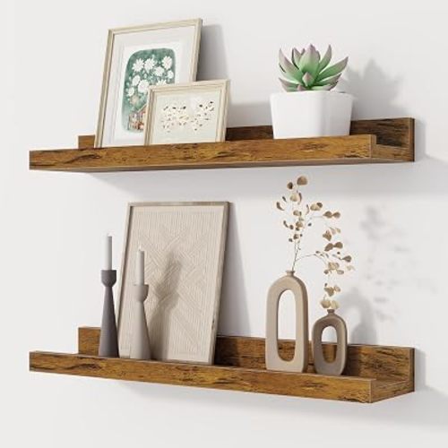 Floating Picture Ledge Shelves Set of 2, 16 Inch Solid Wood Wall Shelves with Lip, Large Nursery Book Shelf for Toys Storage, Kids Bookshelf, Living Room, Bedroom Decor Frames, Rustic Brown