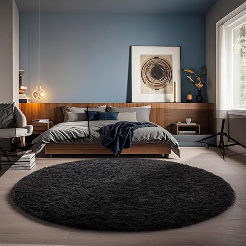 Ophanie Round Rugs 5Ft Ivory Circle Area Rug, Nursery Room Decor, Christmas Aesthetic Bedroom Home Circular Carpet 5 Foot, Fluffy Fuzzy Shag Plush Cream Living Room Rugs for Kids Boys Girls Teen Baby
