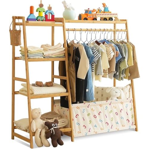 Baveke Bamboo Baby Clothes Rack With Shelves- Kids Dress Up Clothing Rack