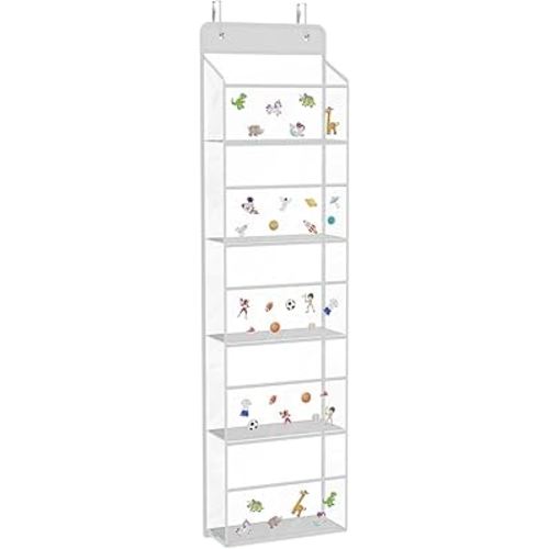 Univivi Over the Door Organizer Hanging Storage, Closet Door Organizer Baby Storage with 5 Clear Plastic Pockets & 2 Big Metal Hooks & Sticker for Cosmetics, Bathroom, Nursery and Sundries