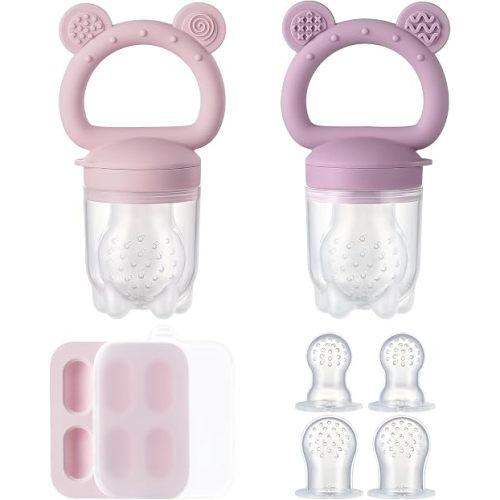 Silicone Baby Fruit Feeder with Mini Freezer Tray, Breastmilk Popsicle Molds for Infant Teething Relief, Baby Teethers, Fresh Food Feeder for Safe Infant Self Feeding - Purple