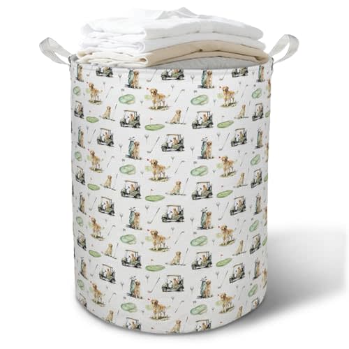 Golden Retriever Golfing Laundry Basket Hamper, Funny Dog Golfer Golf Foldable Clothes Toys Books Storage Box Bins Baskets Organizer for Nursery Kids Boys Room Bathroom Home