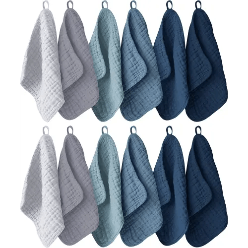 12 Pack Muslin Washcloths for Baby - 100% Cotton Baby Wash Cloths for or Baby Face Body Comfy and Soft for Newborn Infants Kids Girls and Boys - 12"x12" - Slate, Grey and Navy Series