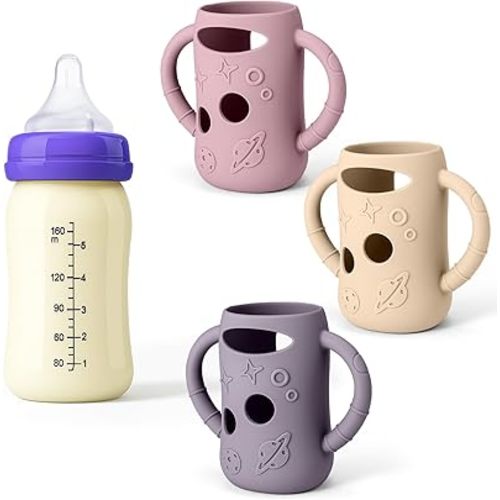 Mity rain 3 Pack Silicone Sleeves for Lansinoh Glass Bottles 5 OZ - Anti Breakage Baby Bottle Holder, Compatible with Lansinoh Glass Bottles for Babies with Handle