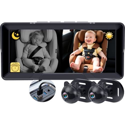 1080P Dual Baby Car Camera: Easy to Install 6.8" Monitor 2-Kids at Once | Clear Night Vision, 150° Wide-Angle Camera Seeing Baby from Head to Toe, Plug & Play for 2-Kids/Twin Family & 3-Row SUVs