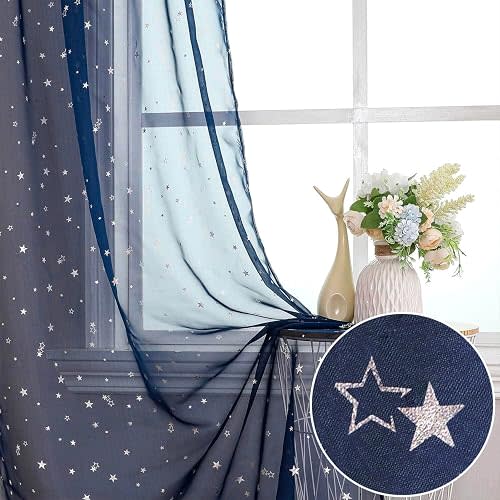 WUBODT Navy Blue Star Sheer Curtains for Kids Room Nursery 106 Inches Long，Silver Star and Moon Patterned Semi Sheer Boys Curtains Rod Pocket Space Theme Celestial Curtain Drapes 2 Panels