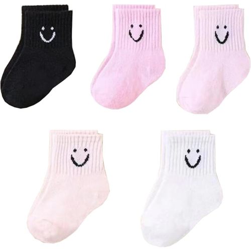 Toddler Boys Girls Crew Socks, Happy Face Unisex Kids Soft Cotton Solid Color Dress Ankle Socks, Pack of 5