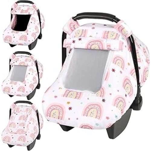 Pea Pod Car Seat Cover Baby, Infant Car Seat Canopy Covers with 2 Layers Windows of Breathable Mesh Fabric, Lightweight Polyester, Soft Minky Dot Backing (Rainbow & Floral Pattern)