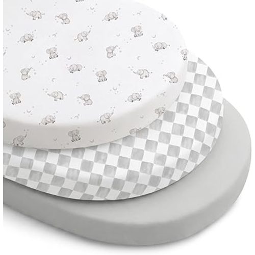 Konssy Silky Soft Bassinet Sheets 3 Pack, Ultra-Stretchy Bassinet Mattress Sheets for Baby Girl Boy, Breathable Fitted Sheet for Standard Oval Hourglass Mattress (Grey Elephant)