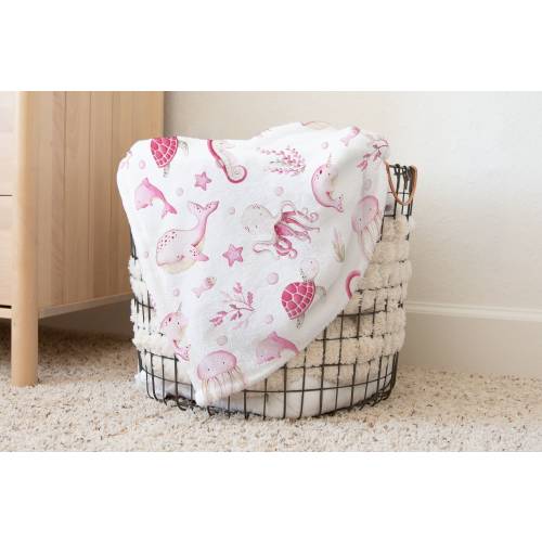 Pink Under the Sea blanket, Girl ocean animals blanket, Girl Under the Sea crib bedding, Sea blanket, Whale Octopus dolphin blanket - PiO