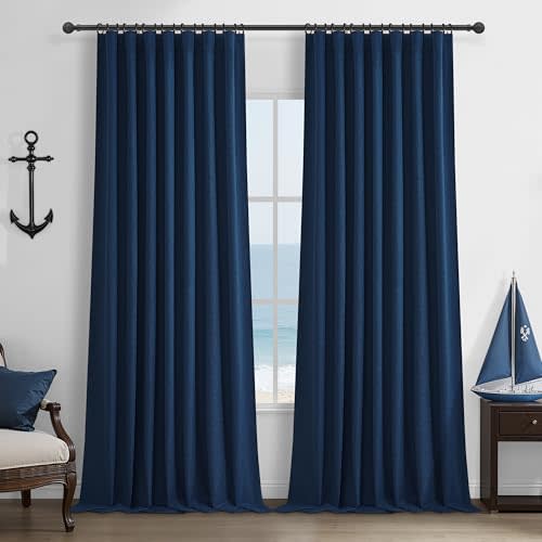 Navy Blue Blackout Curtains 96 Inch Length for Kids/Boys Rooms/Bedroom, Floor to Ceiling Track Pleated Drapes with Hooks Linen Thermal Coastal Curtain Dark Blue Window Burg 50"Wx96"Lx 2Panels Back Tab