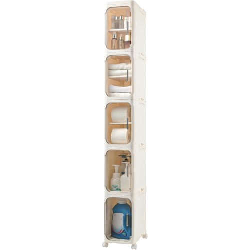 Narrow Bathroom Storage Cabinet with Wheels,5-Tier Plastic Slim Organizer with Adjustable Shelves for Small Spaces,Bathroom, Kitchen, Cream White