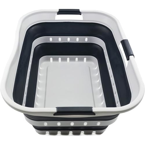 SAMMART 42L (11 gallon) Collapsible Plastic Laundry Basket - Foldable Pop Up Storage Container/Organizer - Space Saving Hamper/Basket (1, White/Grey)