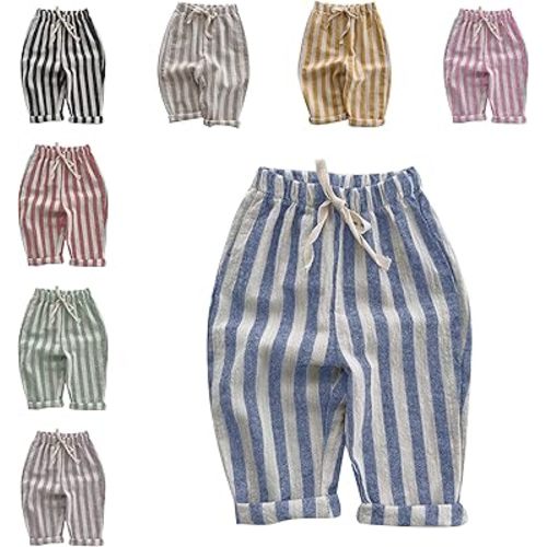 Boys' Cotton Linen Harem Bloomers Pants Elastic Waist Jogger Pants Kids Casual Striped Trousers Infant Long Sweatpants