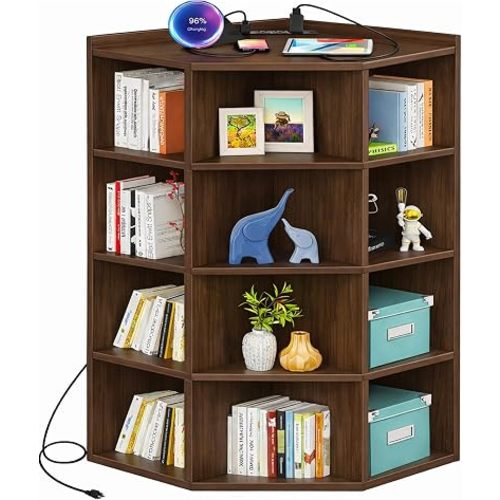 Aheaplus Corner Cabinet, 5-Tier Corner Bookshelf with Power Outlets, Corner Cube Storage Shelf with Top Table, Wooden L Shaped Cubby Toy Storage for Home Office, Bedroom, Living Room, Black Walnut