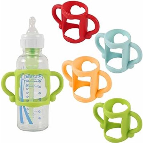 TonGass (4-Pack) Bottle Handles for Dr Brown Narrow Baby Bottles with Easy Grip Handles to Hold Their Own Bottle - BPA-Free Soft Silicone - Red Orange Blue and Green