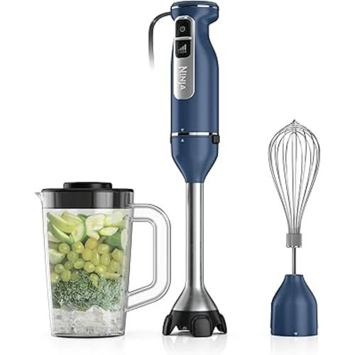 Ninja Immersion Blender and Whisk, Hand Stick Blender, 4 Speeds, with SplatterShield and PanProtect, 4-Cup Blending Vessel, Dishwasher Safe, 5-ft Cord, Ergonomic, Deep Navy, CI201ND