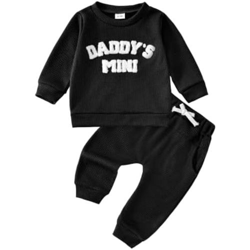 Toddler Baby Girl Boy Clothes Daddy's Mini Waffle Long Sleeve Sweatshirt Tops Pants Set Infant Fall Winter Outfit Sets