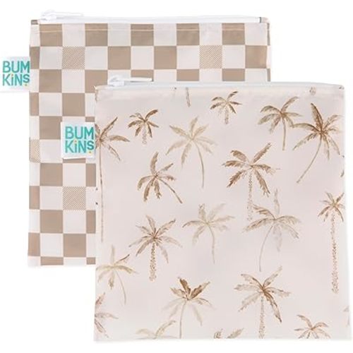 Bumkins Reusable Sandwich and Snack Bags, for Kids School Lunch and for Adults Portion, Washable Fabric, Waterproof Cloth Zip Bag, Travel Pouch, Food-Safe, Large 2-pk Palm Trees, Check