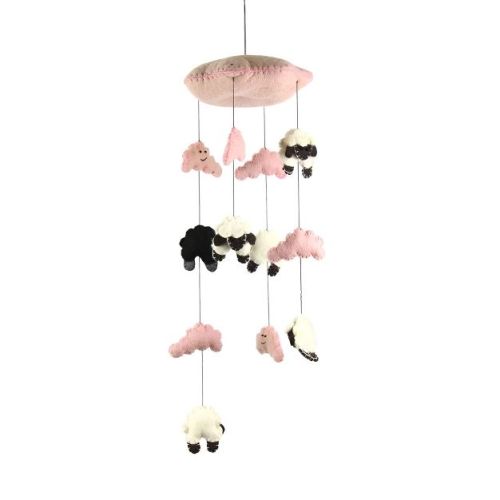 Slickblue Hand-Felted Counting Sheep Mobile - 19" Hanging Decor with Clouds and Sheep, Pink