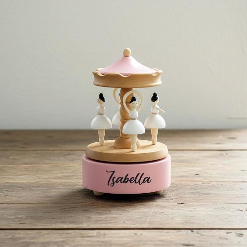 Personalized Baby Name Carousel Music Box – Custom Engraved Wooden Keepsake for Baby Girl, Nursery Gift, Baptism, Birthday