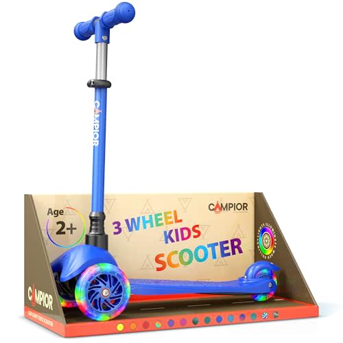 Campior Blue Mini 3 Wheel Scooter for Kids – Lean-to-Steer with LED Light-Up Wheels, Adjustable Handlebar, Wide Anti-Slip Deck, Smooth PU Wheels, Rear Foot Brake – Toddler Scooter for Ages 2+
