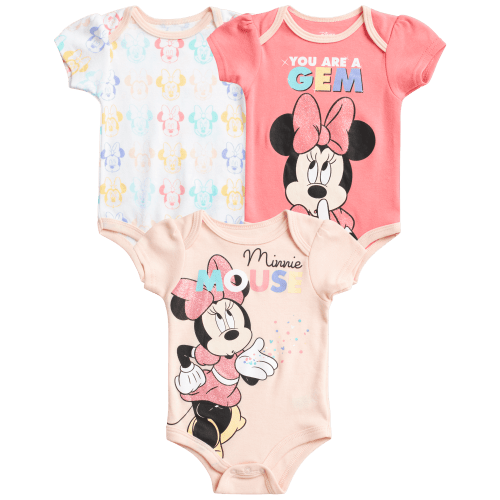 Disney Baby Girls’ Minnie Mouse Bodysuit - 3 Pack Newborn Layette Sleep n’ Play Romper (0-9M)