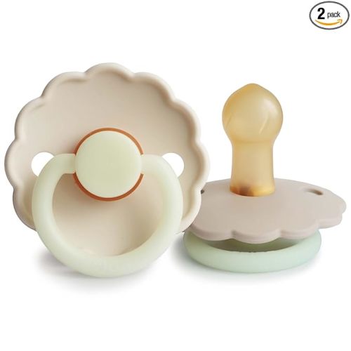 FRIGG Daisy Night Natural Rubber Baby Pacifier | Made in Denmark | BPA-Free (Croissant/Cream, 0-6 Months) 2-Pack