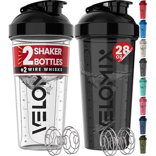 -2 Pack- 28 oz Protein Shaker Bottles for Protein Mixes - 2x Wire Whisk | Leak Proof Shaker Cups for Protein Shakes | Protein Shaker Bottle Pack (Black/Transparent)