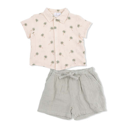 Polo Shirt & Casual Short Set, Palm Trees
