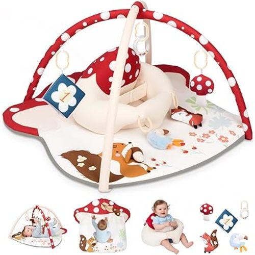 Baby Play Mat & Baby Seats for Infants for Sitting Up | Tummy Time Gym Activity Mat with 5 Detachable Toys for Stage-Based Sensory | Babies Essentials Gift for Newborn 0-6-12-18 Months (Red)