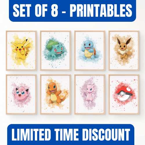 Set of 8 Pokemon Digital Art Print Kids Bedroom Nursery Gift Pokemon Wall Art Pokemon Poster Art Bedroom Decor Christmas Gifts
