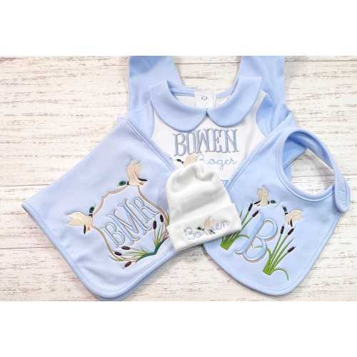 Newborn Boy Mallard Duck Embroidered Coming Home Outfit, Monogrammed Sleeper