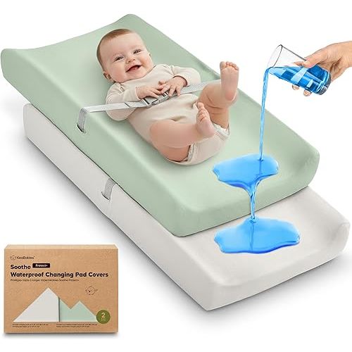 2-Pack Waterproof Changing Pad Covers Boy, Girl – 32x16 Soft Cotton Baby Changing Table Cover, Wipeable Diaper Change Pad Sheets, Contour Baby Diaper Change Mat Liner for Dresser, Nursery (Sage)