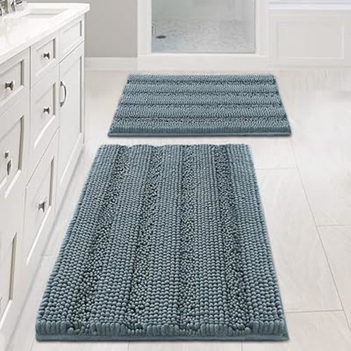Non Slip Thick Shaggy Chenille Bathroom Rug Mat Set Extra Soft and Absorbent Striped Floor Rugs, 2 Piece, Machine-Washable