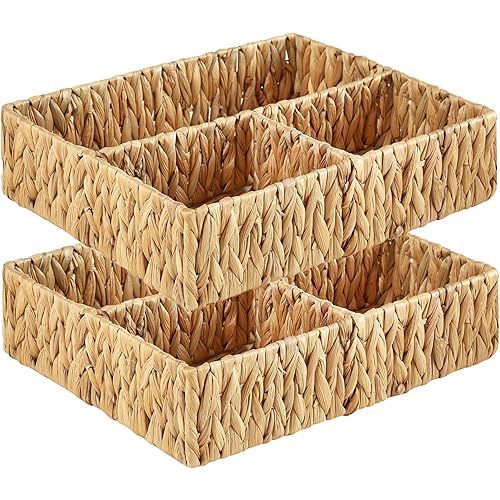 Vagusicc Wicker Divided Storage Basket, Hand-Woven Water Hyacinth Wicker Baskets, Basket for Drawer Organizing, 3 Section Rectangular Woven Storage Baskets, 2-Pack