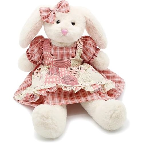 oits cute Small Soft Stuffed Animal Bunny Rabbit Plush Toy for Baby Girls 15inch (White Rabbit Wearing Red Plaid Dress)