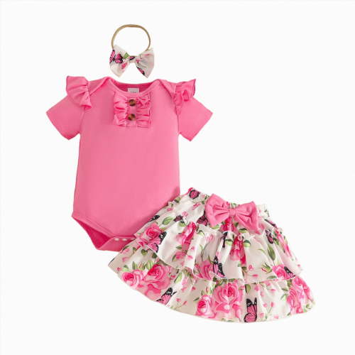 CAUYDY Newborn Infant Summer Clothes for Baby Girl Fly Sleeve Romper & Cute Print Skirt & Bow Headband 3 Piece Set for Toddler Girls Outfits 6-24Months (Sizes 6-9 Months,F2-Hot Pink)