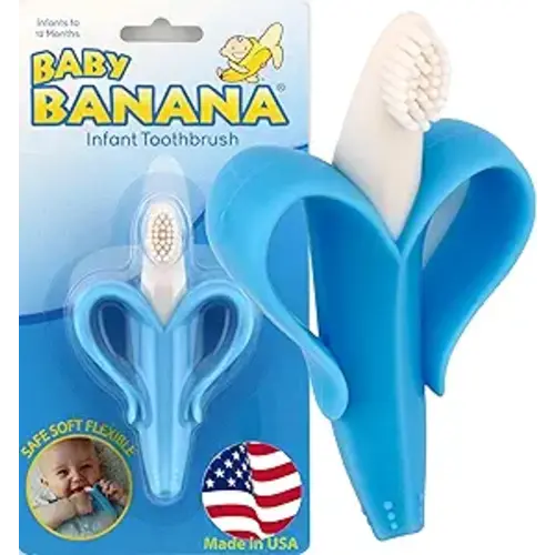 Baby Banana® Blue Teether-Toothbrush, Infant to Toddler, Made in USA, Butter-Soft Bristles for Gums and Teeth, Bendable Food Grade Silicone, Family-Owned Business Since 2009, 11 Million+ Sold.